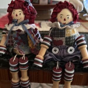 Patchwork Raggedy Ann and Andy shelf sitter spool dolls